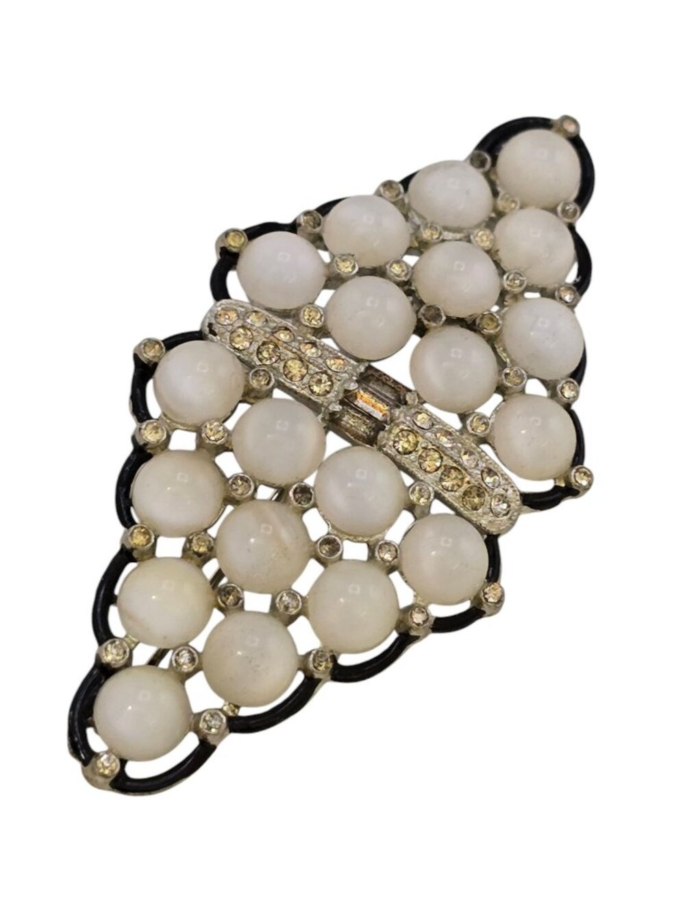 Stunning Art Deco Enamel & Glass Moonstone Brooch (A6777)